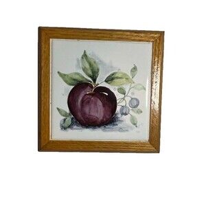 Botanical Art Tile Plum w/Leaves Wood Frame Painted Kitchen Trivet Cottagecore